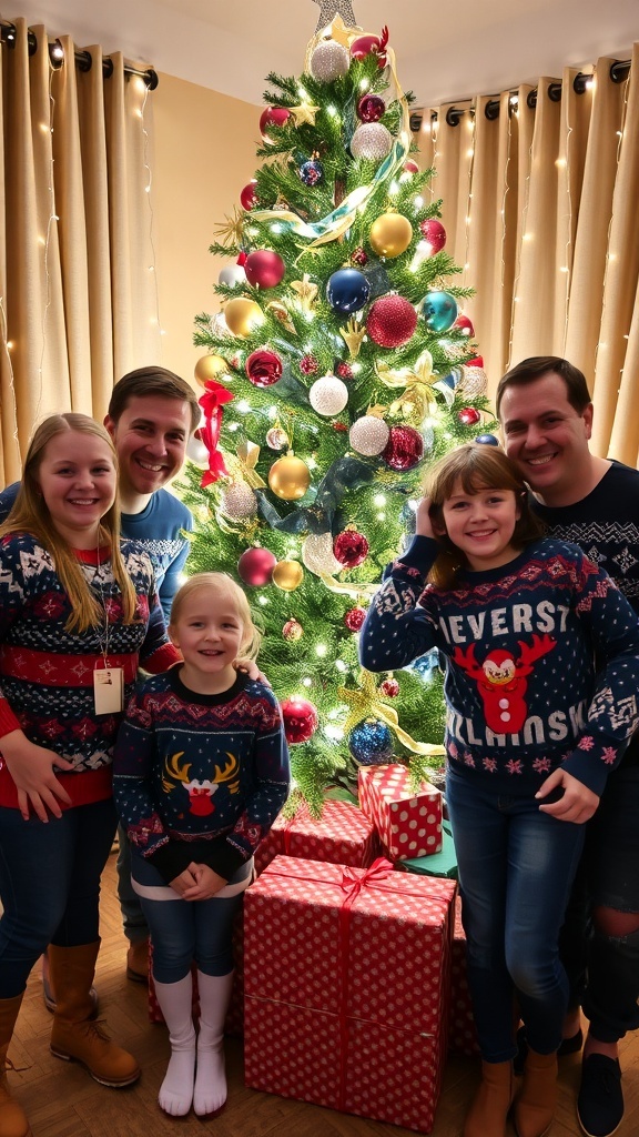 A family in festive sweaters posing in front of a Christmas tree with presents.